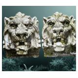Pair Cast‑Cement Lion Head Sculptures – 24' Architectural Garden Decor