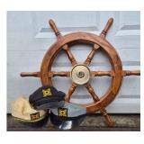 Wood Ship’s Wheel with Three Captain’s Hats – Nautical Décor
