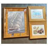 1970s Iridescent Wall Art Trio – Maps & Sailboat with Mirrored Frame