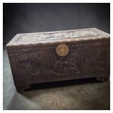 Hand‑Carved Chinese Wooden Chest–Scenic Panels, Brass Hardware, #401