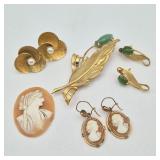 Nephrite Pin & Earrings, 12KGF Pearl Earrings, Shell & Resin Cameos
