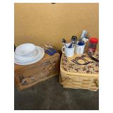 Vintage Picnic Basket & Carved Wood Box with Dish Set