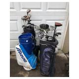Three Golf Bags with Mixed Clubs & Pull Cart – Drivers, Irons, Putters