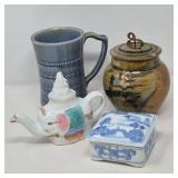 Eclectic Pottery Mix: Honey Pot, Stein, Trinket Box & Elephant Teapot