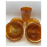 Marigold Carnival Glass — Three Footed Berry Bowls & One Grape‑Pattern