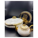 24k Gold Spyropoulos Deco Plate and Limoges Covered Dish & Teapot