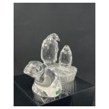 Orrefors Sweden Crystal Frog & Crystal Penguins on Frosted Ice Base