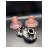 Fenton Velva Rose Stretch Glass & Harvite Black Silver Candle Holders