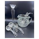 Crystal Pitcher with Ladles & Modernistic Glass Candlestick Holder
