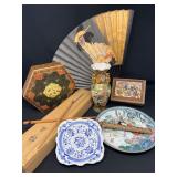 Assorted Asian Items – Satsuma‑Style Vase, Fan, Boxes & More