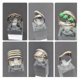 Six Sterling Silver Rings, Sizes 4–7