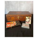 Hand‑Carved Wooden Box with Vintage Card Games & Cribbage Boards