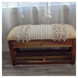 Boho Acacia Storage Bench with Dhurrie‑Style Upholstered Top