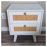 White Bedside Nightstand with Woven Panels