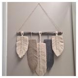 Macramé Wall Art with Five Woven Feathers on Rustic Wood Pole