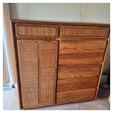 Lane Oak & Cane Highboy Dresser with Pull‑Down Desk