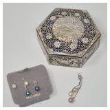 MOP Inlay Box with Pearl & 14k Gold Charms + Silver Pearl Pendant