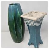 Vase Duo: Signed Studio Tower Vase + Iridescent Drop‑Glaze Vase