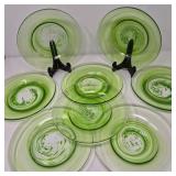 Set of Eight Handmade Green Swirl Art Glass Salad Plates