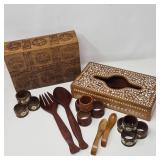 Hand‑Carved Wood Boxes, Teak Salad Server & Napkin Rings