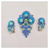 Juliana Style Peacock Blue Brooch & Clip Earring Set