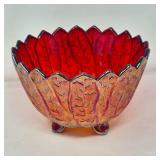 Imperial Glass Iridescent Amberina Leaf Bowl Footed, Hallmarked