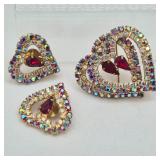 Red & Peacock Aurora Double Heart Pin, Earring Set