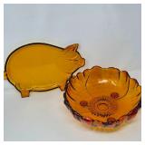 Amber Glass - Pig Platter & Sunflower Bowl
