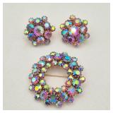 Crown Trifari Pink & Blue Aurora Circle Brooch, Earrings