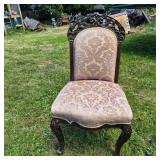 Elegant Antique Carved Chair Damask Upholstery & Cabriole Legs