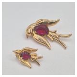 1940s Coro Pegasus Red Stone Birds Pin Set
