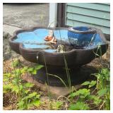 Scalloped Cement Birdbath with Blue Basin & Garden Frogs