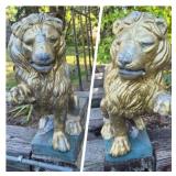 Pair of Outdoor Painted Cement Lions – Raised Paw Statues