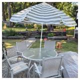 Round Glass Patio Table Set with 4 Sling Chairs & Striped Umbrella