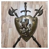 Vintage Molded Brass Lion Shield Wall Plaque with Crossed Axes & Sword