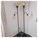 Pair of Bronze Floor Lamps with Reading Lights, Frosted Glass Shades