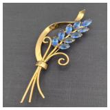 1940s Era Coro Gold Over Sterling Blue Rhinestone Wheat Brooch