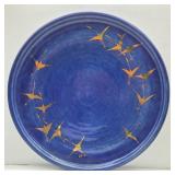 Cobalt Blue Studio Pottery Platter & Metallic Gold Cranes, Signed, 17'