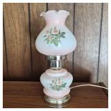 Vintage Frosted Pink Glass Hurricane Lamp - Pink Rose Floral Motif