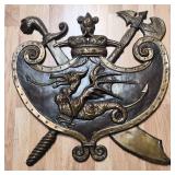 Vintage Molded Brass Relief Dragon Coat of Arms Wall Plaque