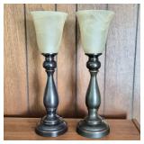 Pair of Frosted Marbled Glass & Bronzed Metal Table Lamps