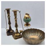 Brass Candlestick Holders with Snuffers, Bowl & Lighter