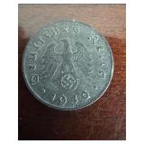1940-E German 10 Reichspfennig Swastika Coin