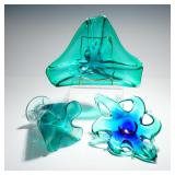 3pc MCM Teal Art Glass Set Freeform Splash Vase...