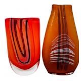 Set of 2 Studio Art Glass Vases Abstract Orange...