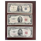 Vintage US Currency Lot $5 Red Seal 1953B, $2...