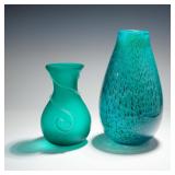 2pc Studio Art Glass Vases Teal Peacock Style...