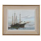 Rene Marie Dujardin Oil Painting Ships Harbor...