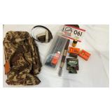 Gun, cleaning kit, camo bag & hearing protection