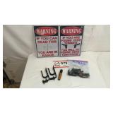Warning signs, squirrel call, tree steps &